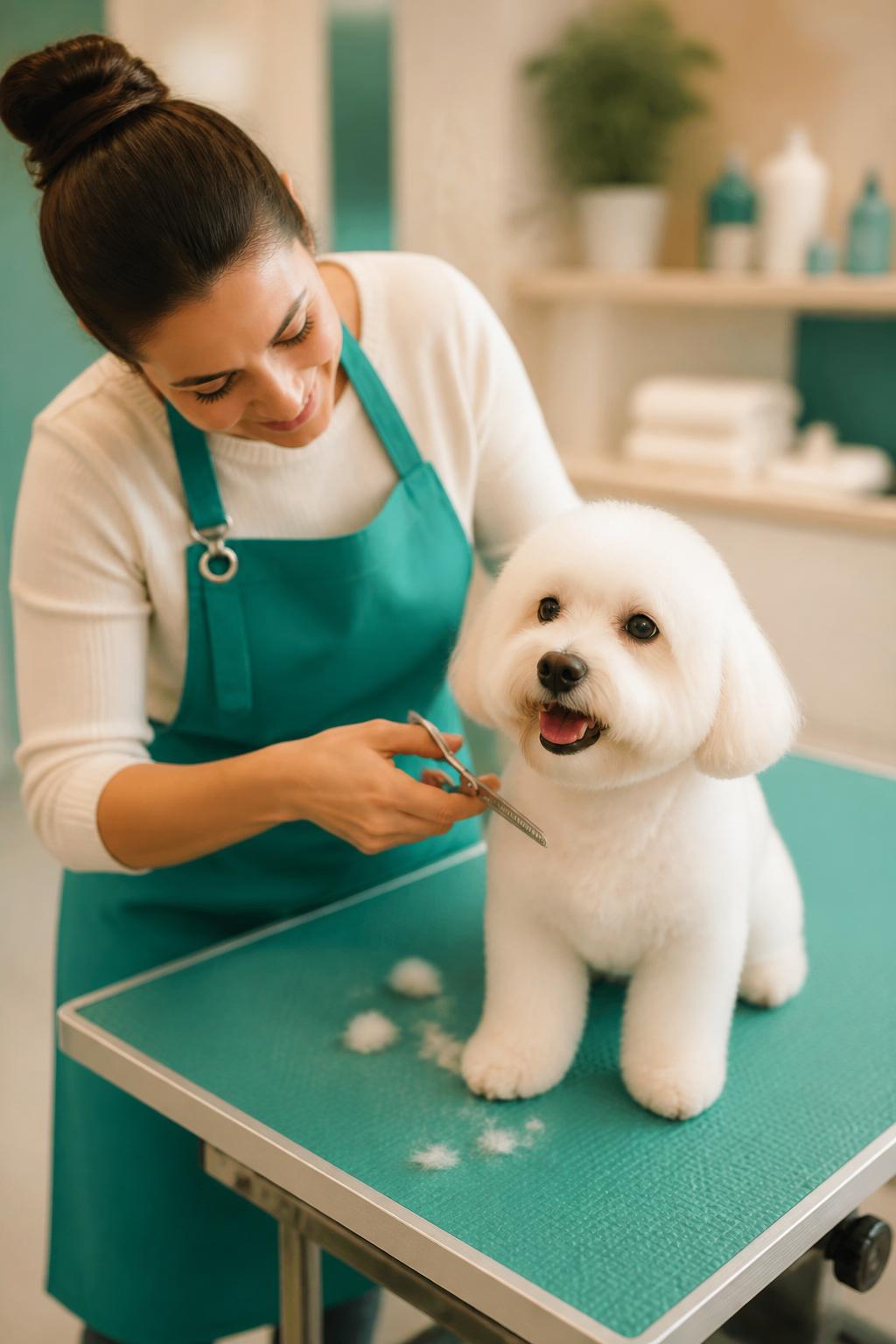 Groomer cuidando de pequeno cão